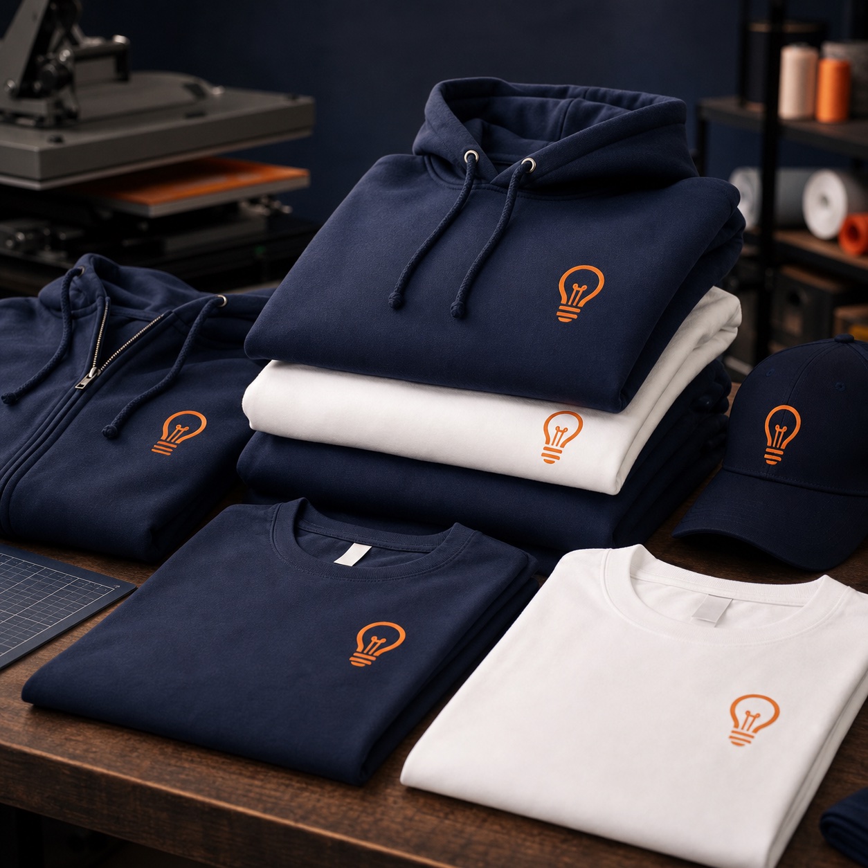 Sample custom hoodies and apparel stacked in a merch studio