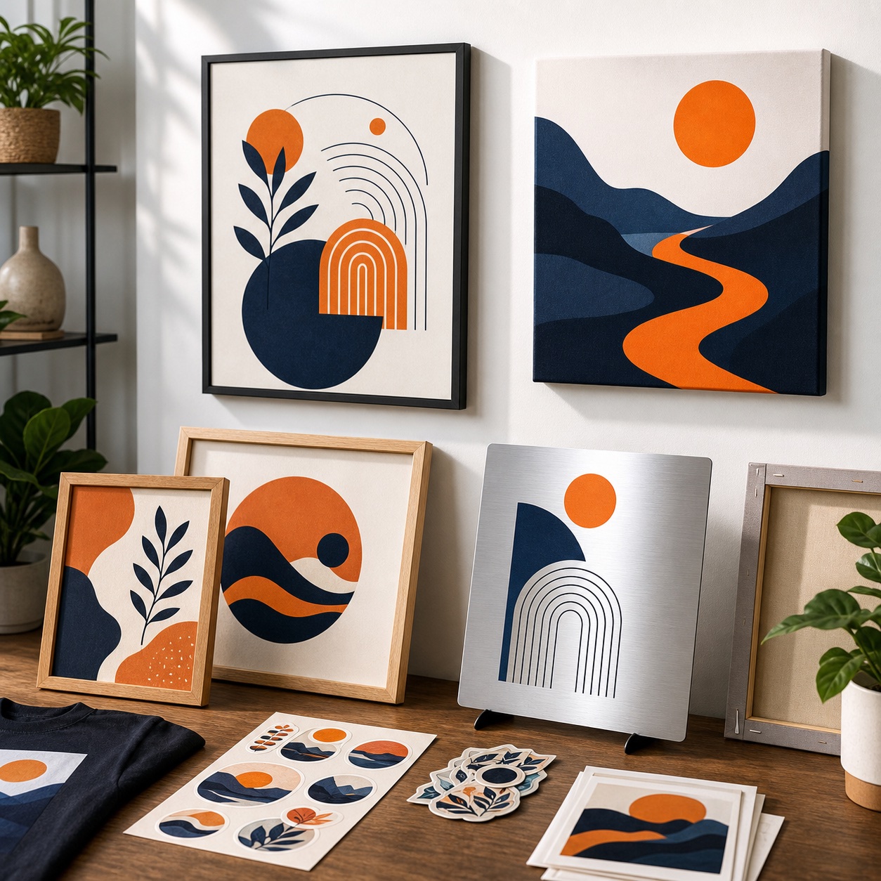 Sample framed posters, canvas prints, metal prints, and sticker sheets