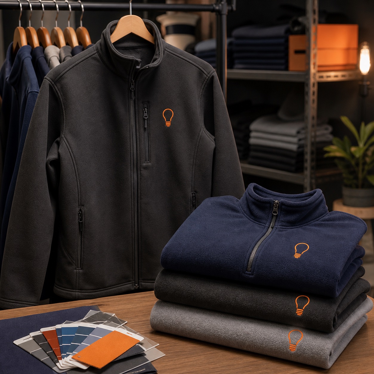 Sample embroidered fleece and zip-up jackets in a merch studio