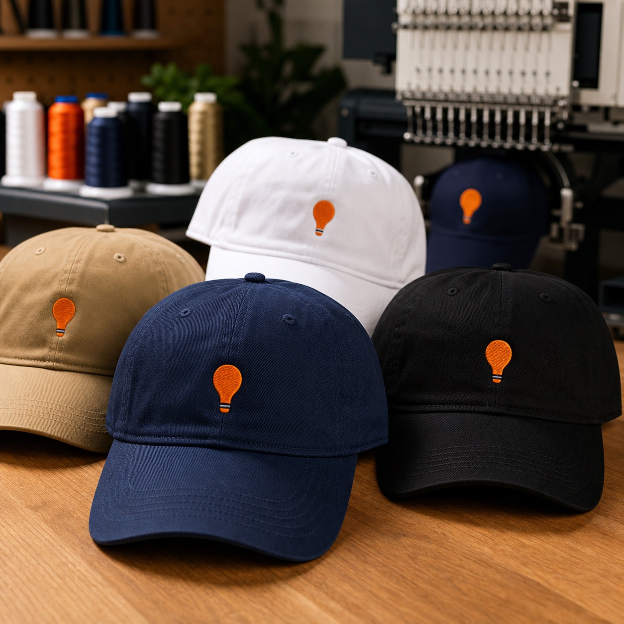 Sample embroidered hats arranged on a merch studio table
