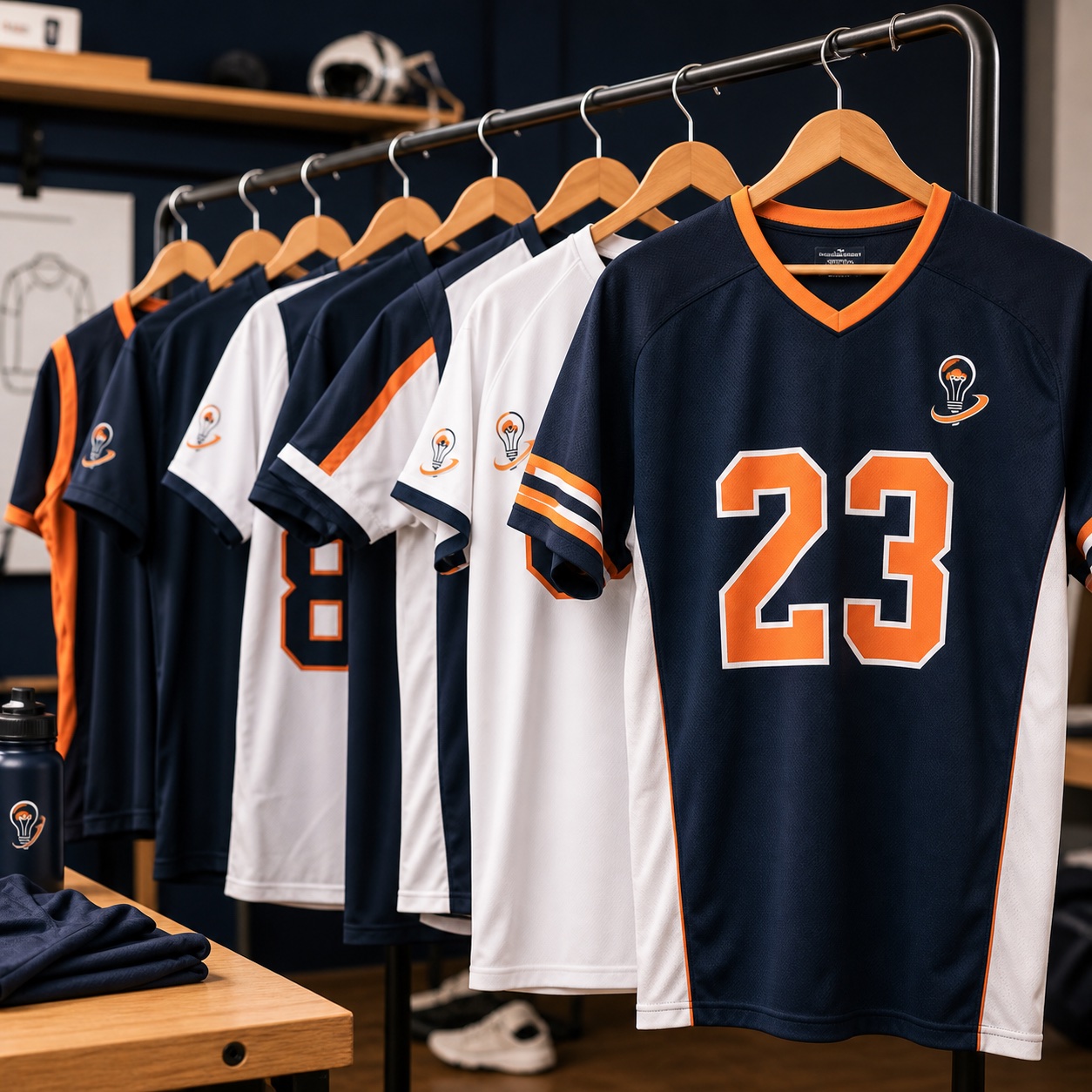 Sample custom team jerseys and performance shirts on a rack