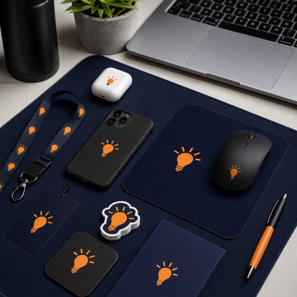 Sample tech swag with mouse pads, phone cases, stickers, and lanyards