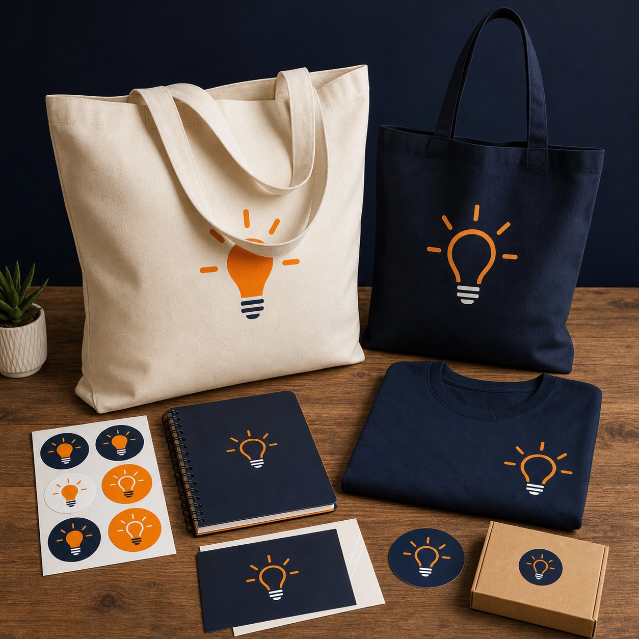 Sample tote bags and event kit products arranged as a flat lay