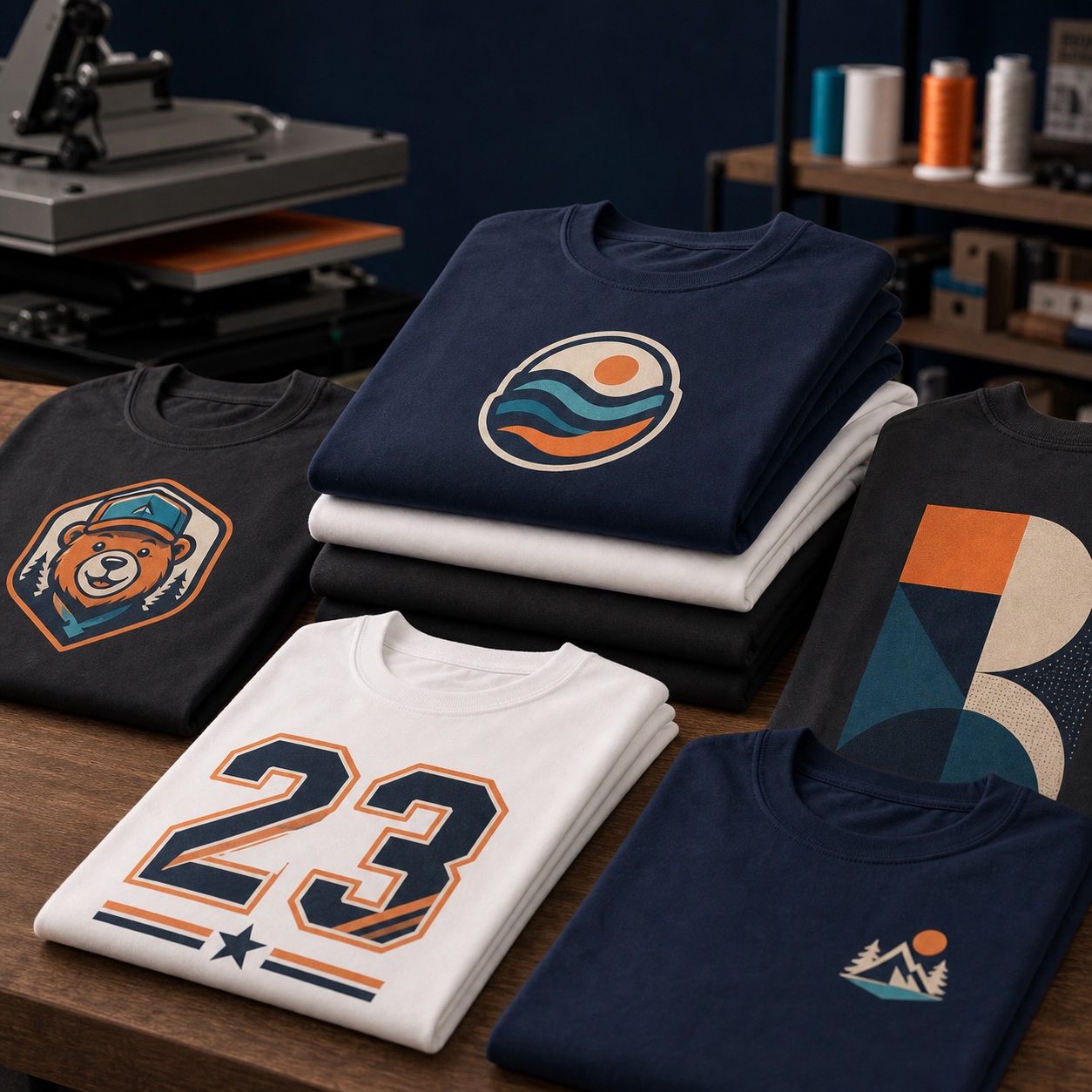 Sample custom t-shirts with different graphic design styles
