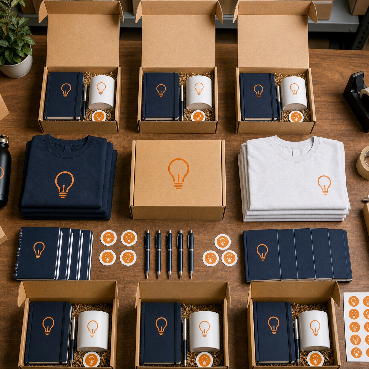 Sample corporate welcome kits with boxes, notebooks, mugs, and apparel